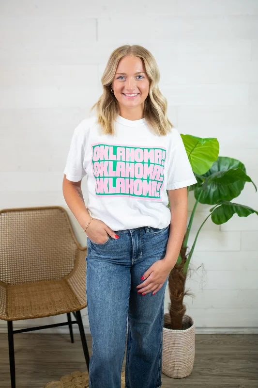 Oklahoma Oklahoma Oklahoma Graphic Tee-White Beaded Sequined Faux Fur