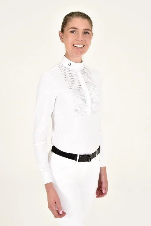 Perforated Bib L/S Shirt - White Zippered Front Buttoned Front Snap Front