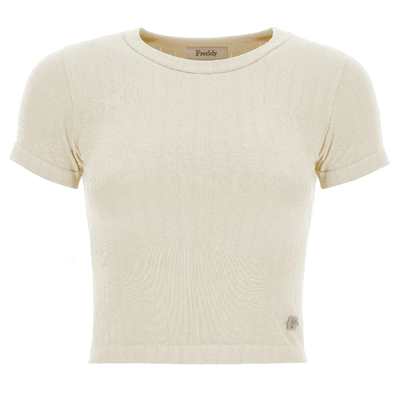 Ribbed T Shirt - Cream Faux Fur Fabric Real Fur Fabric Shearling Fabric