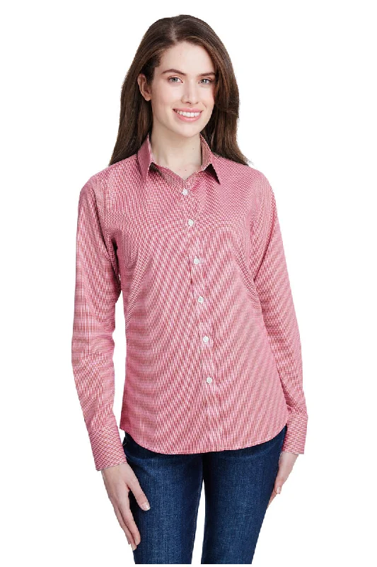 Women's Microcheck Long Sleeve Cotton Shirt (Red / White) Chenille Brocade Lace