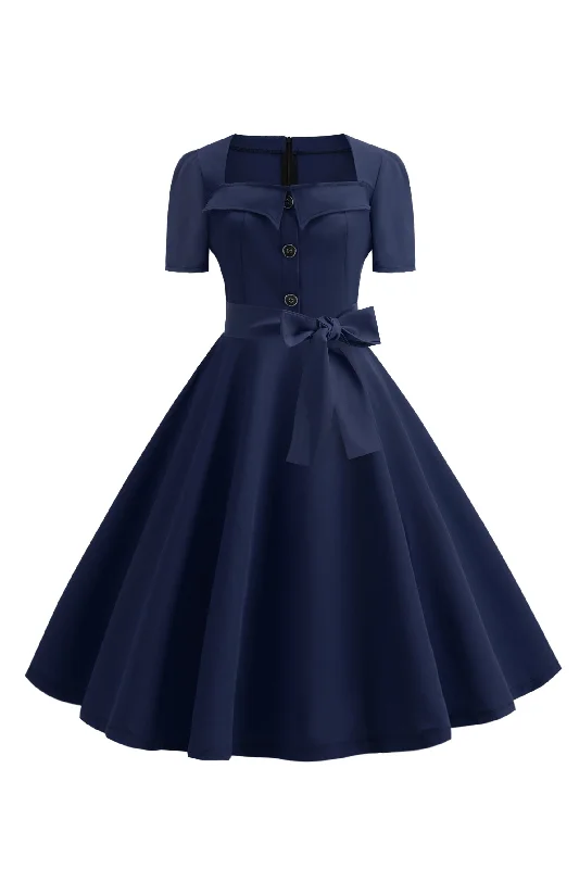 1970S Botton Embellished Navy Blue Vintage Dress