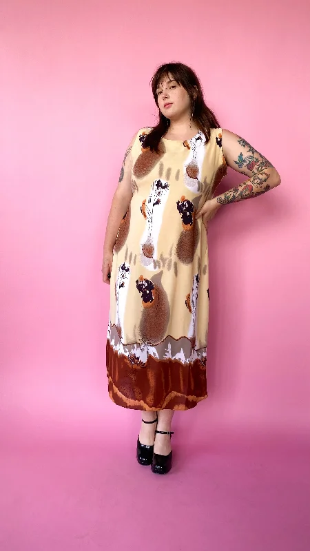 1990s Beige & Brown Abstract. Print Dress, sz. 2X