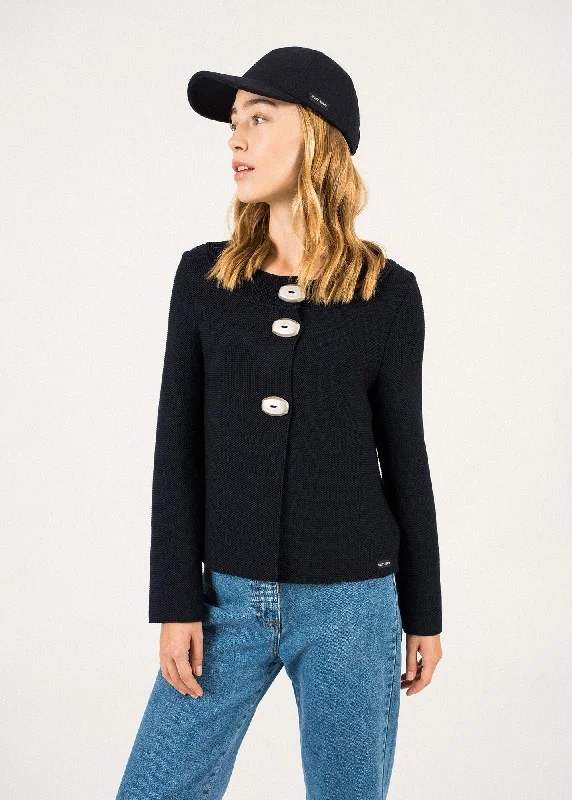 Adrets Réédit wool jacket - in garter stitch, with large buttons (NAVY) A-Line Jacket Boat Neck Shawl Collar Adrets Réédit wool jacket - in garter stitch, with large buttons (NAVY) A-Line Jacket Boat Neck Shawl Collar