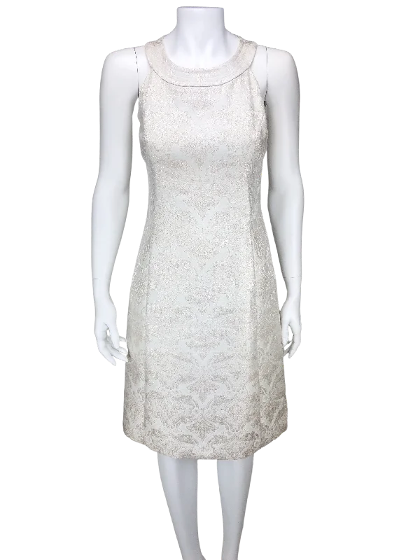 Ann Taylor, Women's Metallic Jacquard Dress, Ivory/Pale Gold, Size 2