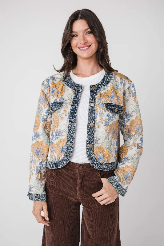 AnnieWear Floral Jacquard Denim Contrast Jacket One-Shoulder Jacket Off-the-Shoulder Jacket Asymmetrical Jacket AnnieWear Floral Jacquard Denim Contrast Jacket One-Shoulder Jacket Off-the-Shoulder Jacket Asymmetrical Jacket