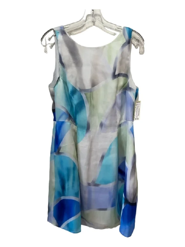 Armani Collezioni Size 12 Blue, Green, Gray Silk Abstract Round Neck Dress