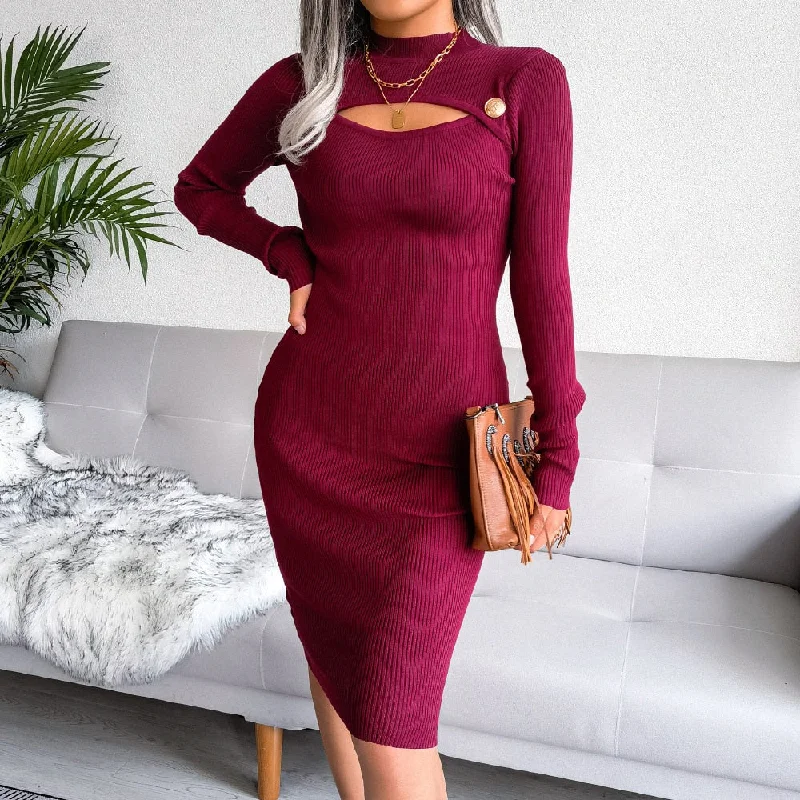 Hollow Out Solid Color Knit Dress