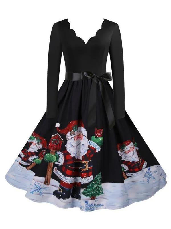 Black 1950s Scalloped Neck Christmas Santa Belted Dress