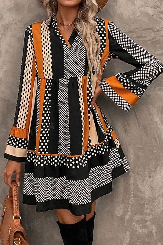 Blue Zone Planet | Black Striped Polka Dot Print Ruffled Hem V Neck Mini Dress Trendy Tulle Mini Dress Blue Zone Planet | Black Striped Polka Dot Print Ruffled Hem V Neck Mini Dress Trendy Tulle Mini Dress