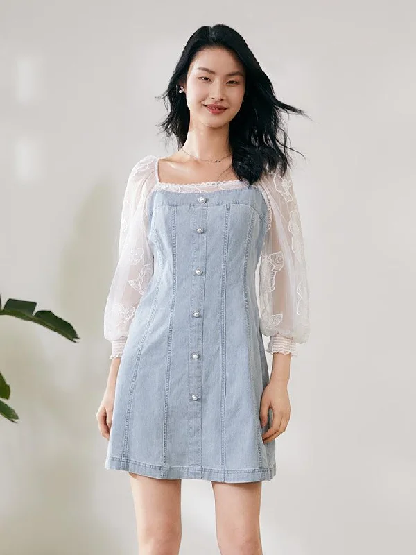 Puff Sleeve Square Neck Denim Dress