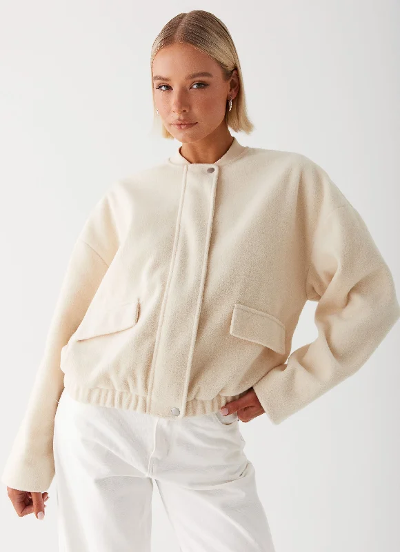 Cloudia Bomber Jacket - Ivory Wool Fabric Cashmere Fabric Tweed Fabric