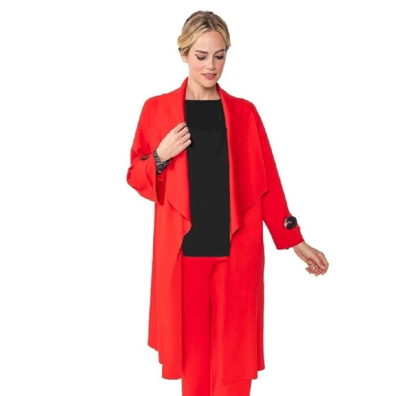 IC Collection Long Open Front Jacket in Red - 4585J-RD Notch Collar Peter Pan Collar Cowl Neck IC Collection Long Open Front Jacket in Red - 4585J-RD Notch Collar Peter Pan Collar Cowl Neck