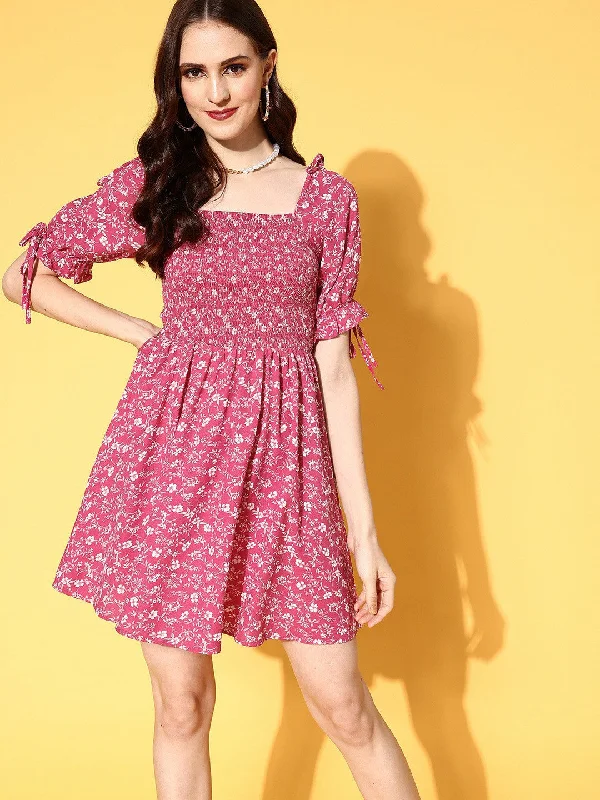 Berrylush Women Pink & White Floral Printed Square Neck Smocked Back Crepe A-Line Mini Dress Chic Puff Sleeve Mini Dress Berrylush Women Pink & White Floral Printed Square Neck Smocked Back Crepe A-Line Mini Dress Chic Puff Sleeve Mini Dress