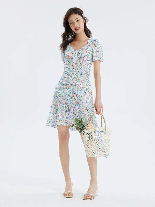Drawstring Cotton Strawberry Print Dress
