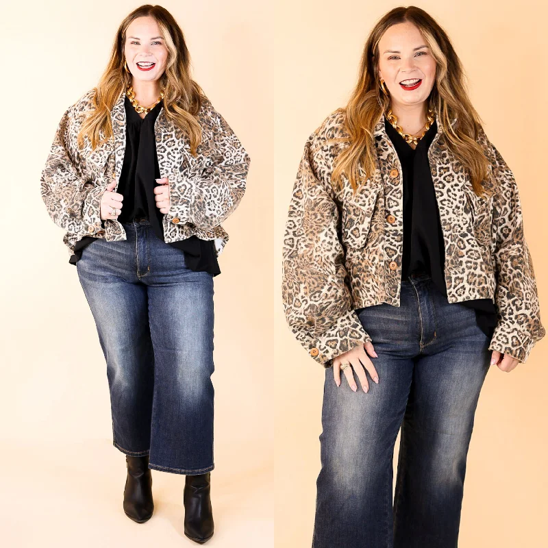 Drippin' in Finesse Over Sized Crop Denim Jacket in Leopard A-Line Jacket Boat Neck Shawl Collar Drippin' in Finesse Over Sized Crop Denim Jacket in Leopard A-Line Jacket Boat Neck Shawl Collar