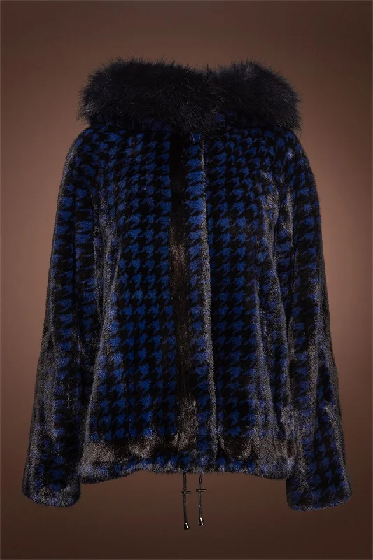Royal Blue Houndstooth Print Mink Fur Jacket - Fox Fur Hood Trim Rayon Jacket Velvet Jacket Corduroy Jacket Royal Blue Houndstooth Print Mink Fur Jacket - Fox Fur Hood Trim Rayon Jacket Velvet Jacket Corduroy Jacket
