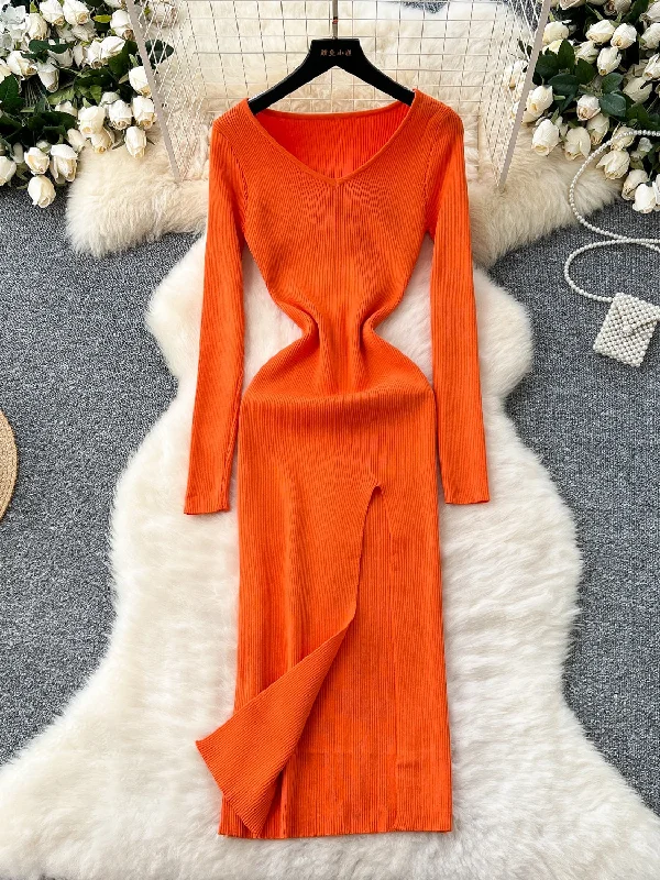 Flattering V-Neck Slit Vibrant Orange Knit Dress