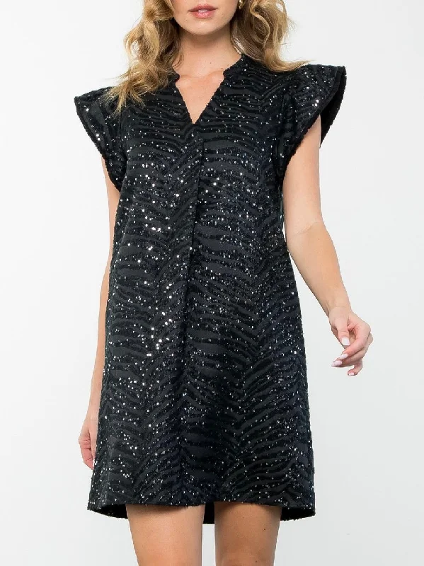 Flutter Sleeve Textured Dress - Black