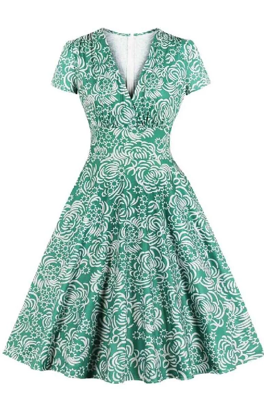 Green Flowers Print Retro Summer Dress