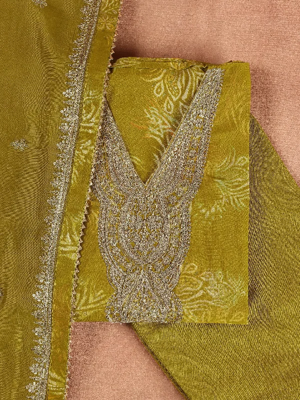 Green Printed Silk Blend Dress Material With Dupatta