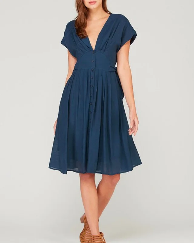 In The Air Woven V-Neck Button Down Empire Waist Dress in Navy