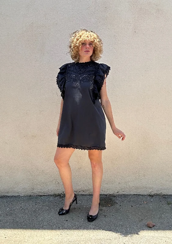 Isabel Marant Black Mini Dress with Eyelet Lace Wings Fashionable Mini Dress with Slits