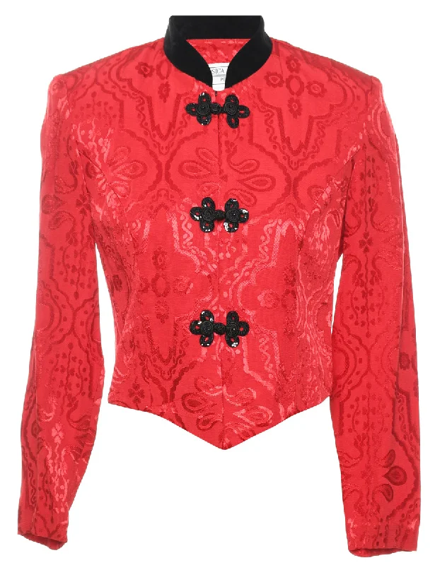 Jacquard Design Red & Black Contrast Collar Evening Jacket - S Welt Pockets Slit Pockets Flap Pockets Jacquard Design Red & Black Contrast Collar Evening Jacket - S Welt Pockets Slit Pockets Flap Pockets
