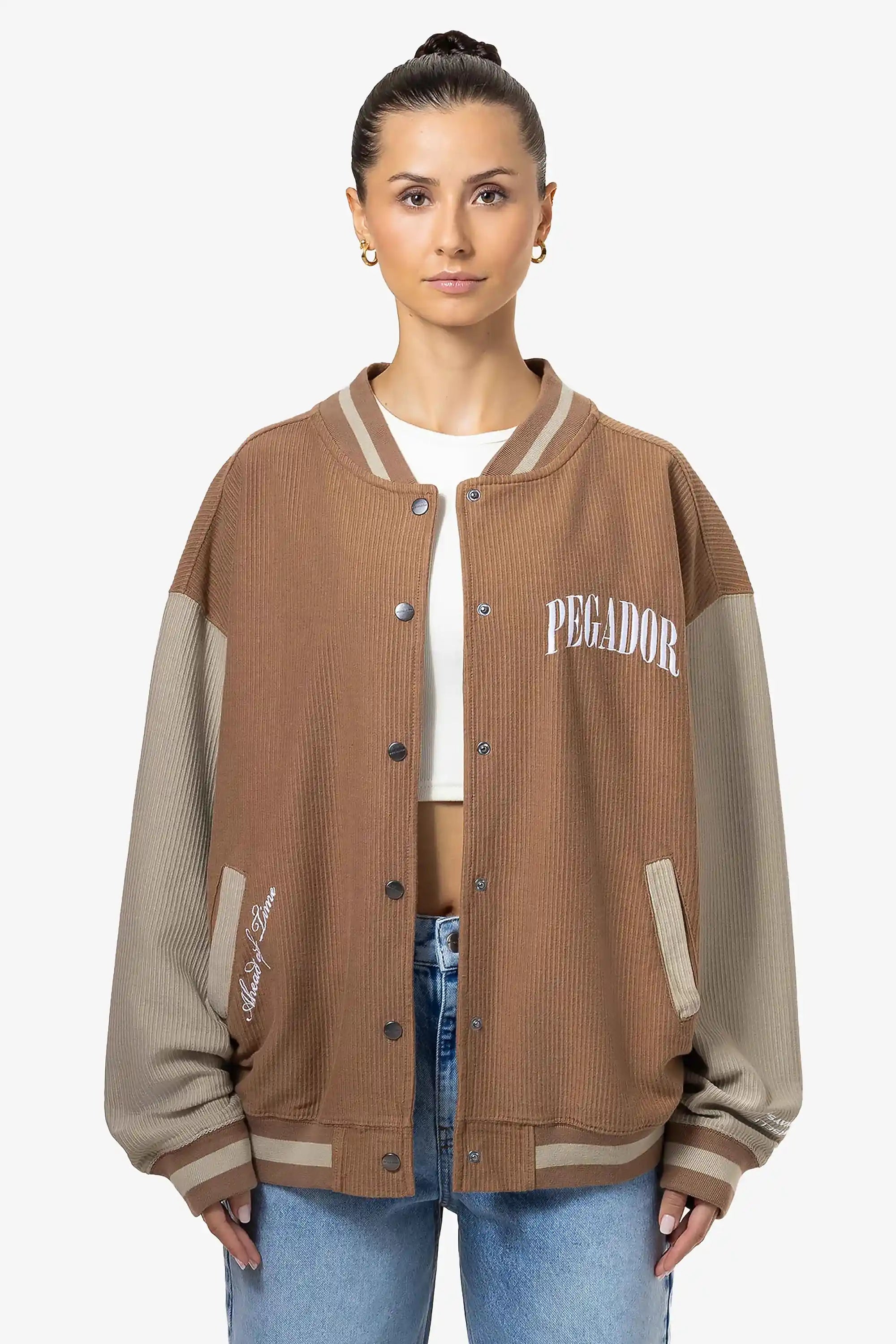 Kumla Oversized Varsity Jacket Washed Nougat Almond Nylon Fabric Polyester Fabric Spandex Fabric Kumla Oversized Varsity Jacket Washed Nougat Almond Nylon Fabric Polyester Fabric Spandex Fabric