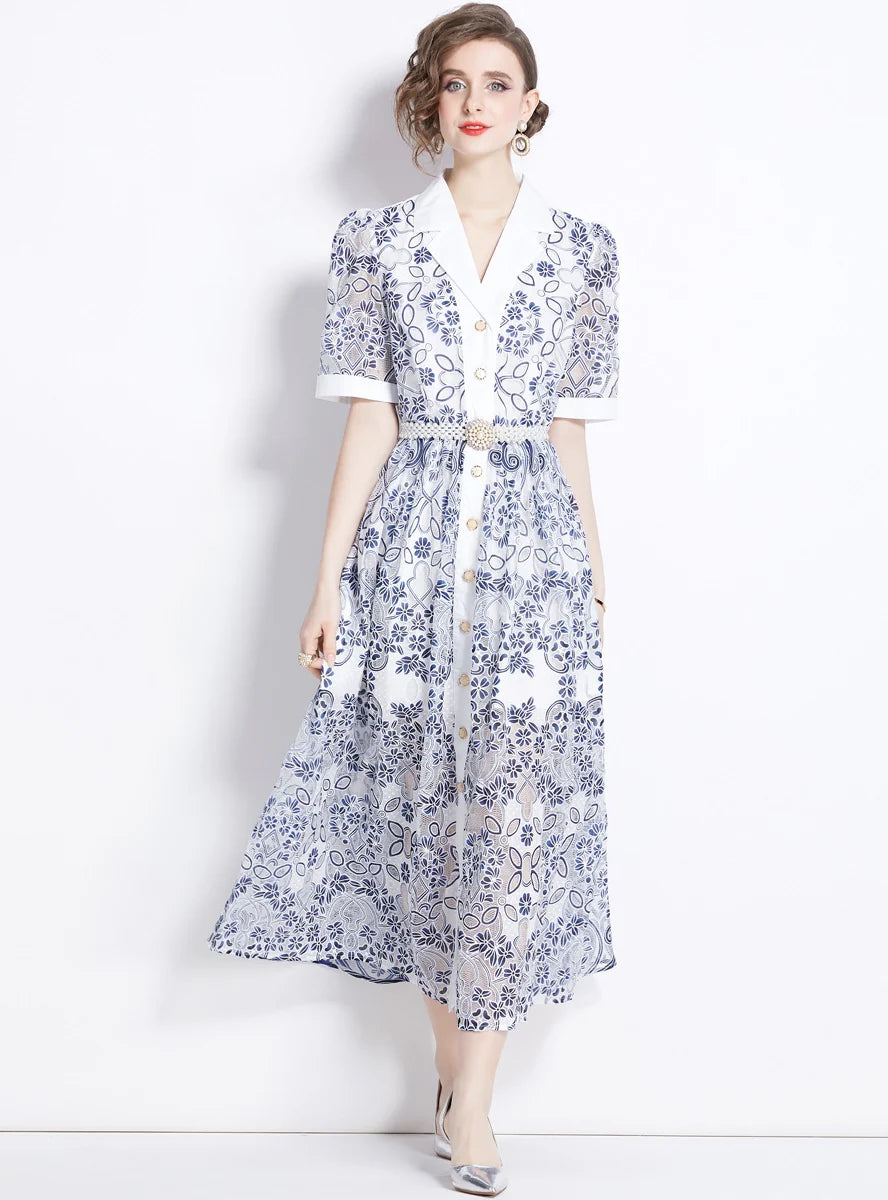 LAPEL SINGLE-BREASTED SHORT-SLEEVED MESH DRESS