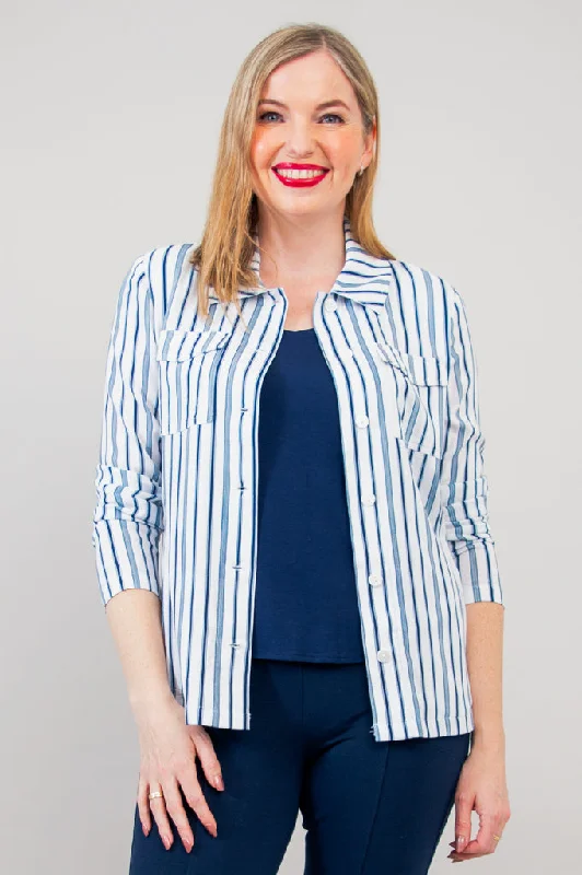 Lauren Jacket, Indigo Stripe, Linen Bamboo Front Pockets Side Pockets Patch Pockets