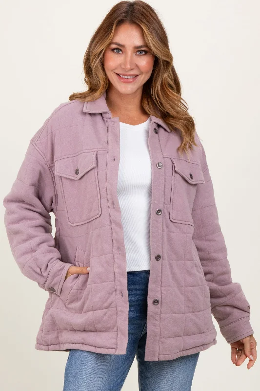 Lavender Oversized Collared Button Down Quilted Jacket Front Pockets Side Pockets Patch Pockets Lavender Oversized Collared Button Down Quilted Jacket Front Pockets Side Pockets Patch Pockets