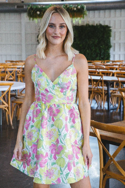 Leila Surplice Mini Dress, Pink/Yellow/Green Fashionable Polka Dot Mini Dress