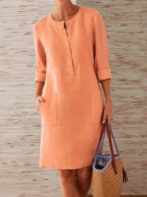 Amy Fashion - Loose Cotton Hemp New O-neck Dress