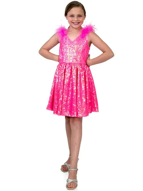 Marc Defang 5147 Size 6 Barbie Pink Girls Short Sequin Feather V Neck Cocktail Dress A Line Pageant Formal Wear