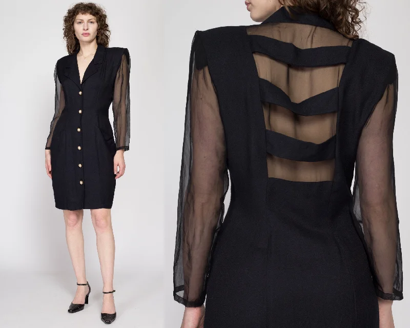 Medium 80s Black Sheer Sleeve Secretary Dress