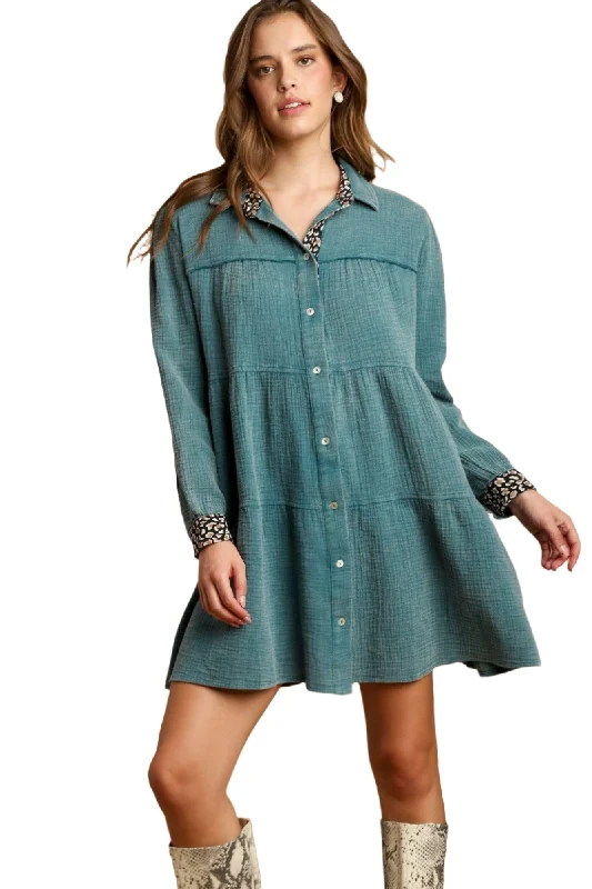 Mineral Wash Cotton Gauze Tiered Dress - Lagoon Blue