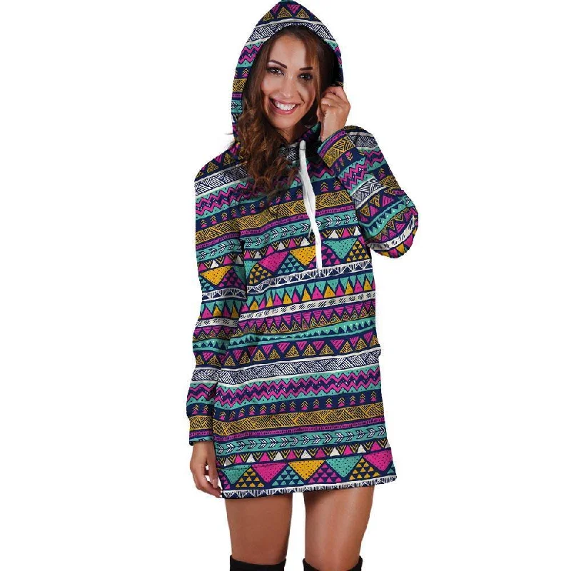 Multicolor Indian Aztec Geometric Art Hoodie Dress