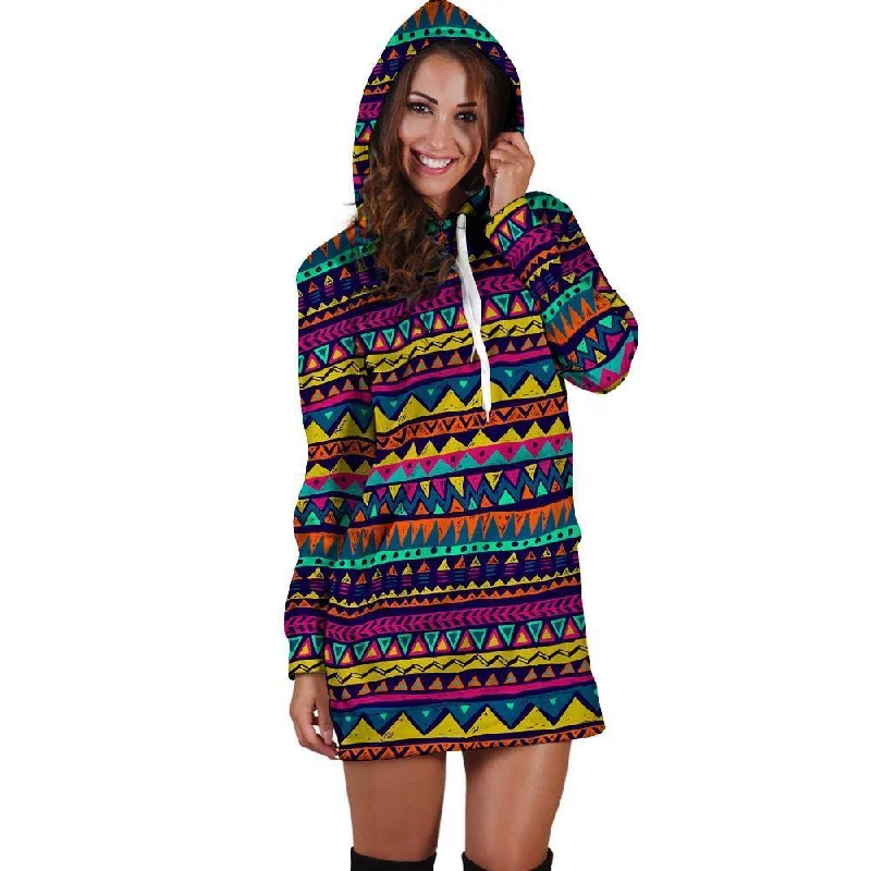 Multicolor Native Aztec Abstract Geometric Hoodie Dress
