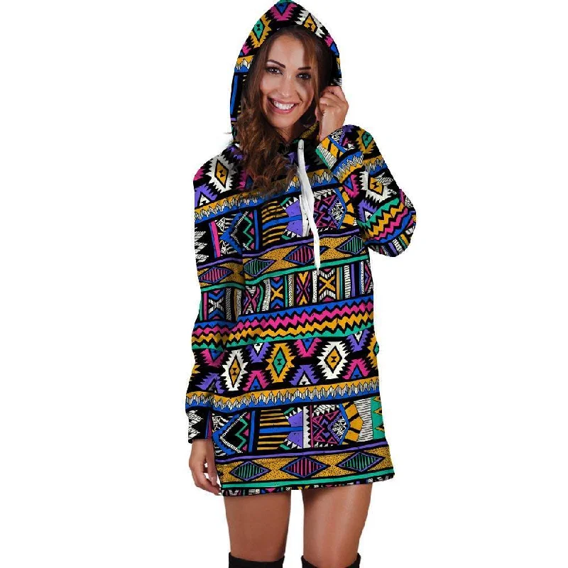 Multicolor Native Aztec Doodle Element Hoodie Dress