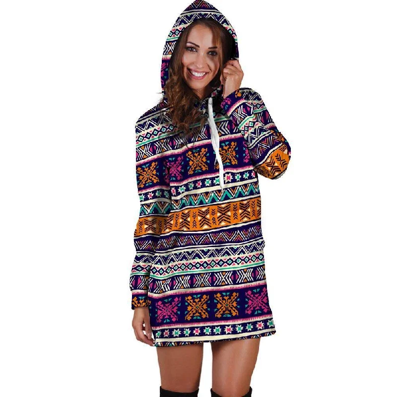 Multicolor Native Aztec Geometric Hipster Hoodie Dress