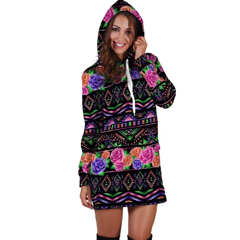 Multicolor Roses Ethnic Tribal Aztec Hoodie Dress