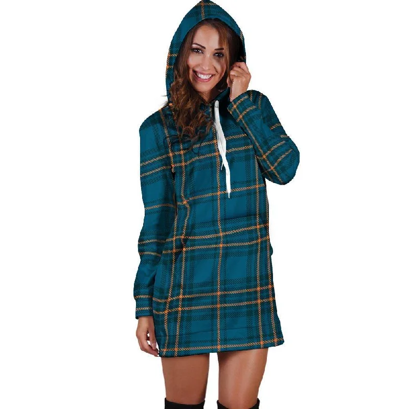 Navy Blue Plaid Tartan Hoodie Dress