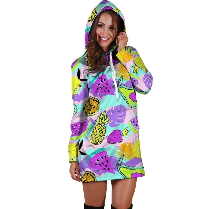 Neon Mix Fruit Pineapple Hawaiian Print Hoodie Dress