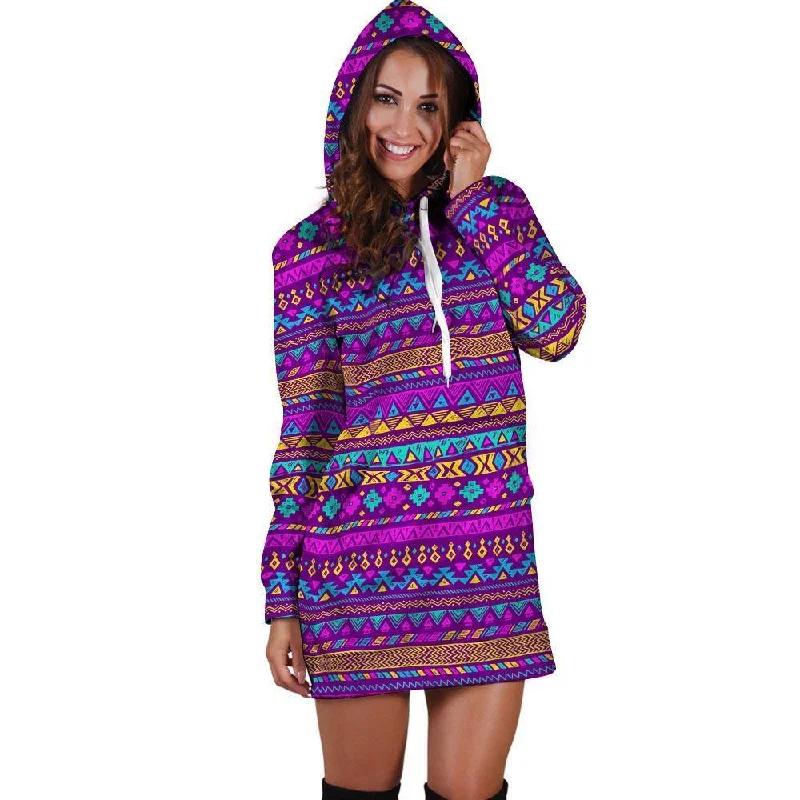 Neon Multicolor Ethic Aztec Doodle Print Hoodie Dress
