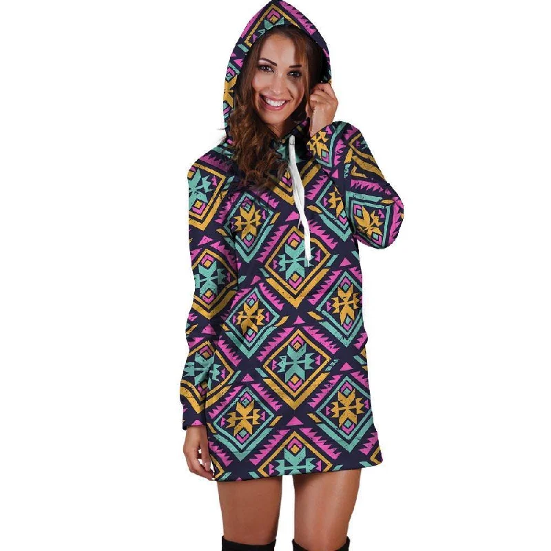 Neon Multicolor Ethic Aztec Grunge Print Hoodie Dress