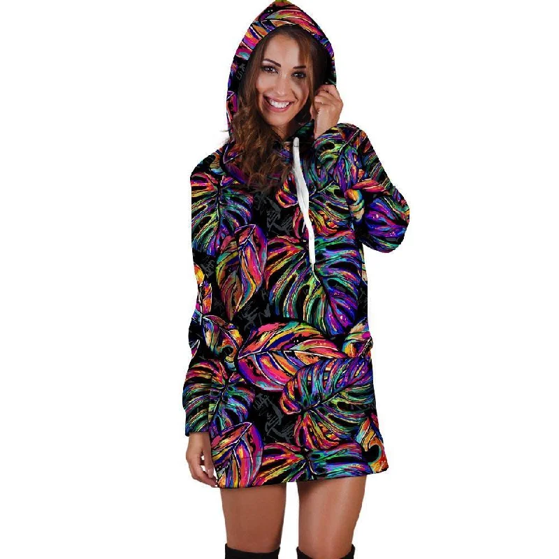 Neon Multicolor Palm Leaf Print Hoodie Dress