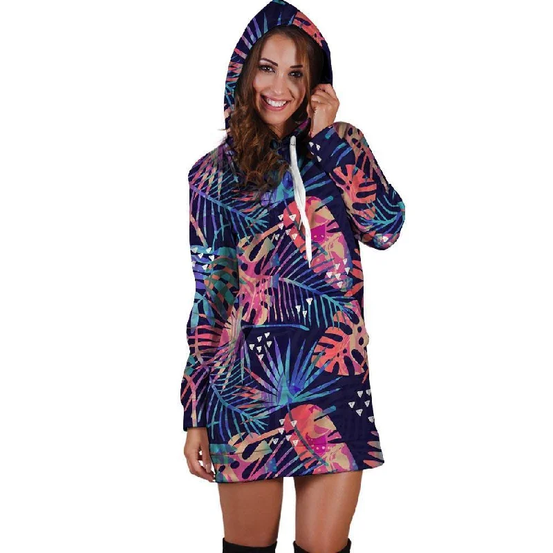 Neon Palm Leaf Hawaiian Print Hoodie Dress