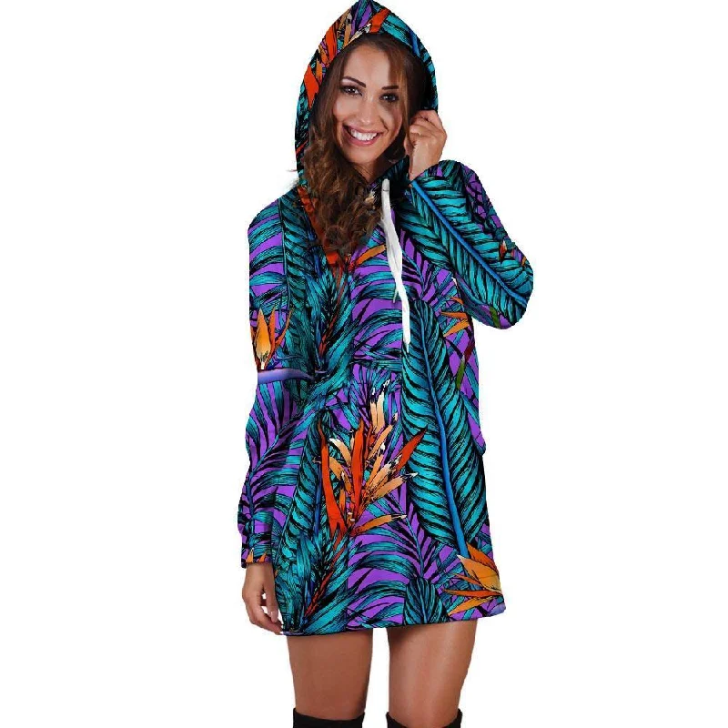 Neon Palm Leaf Tropical Print Hoodie Dress