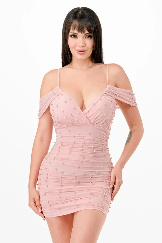 Off Shoulder Pearl Mini Dress Fashionable Mini Dress with Slits
