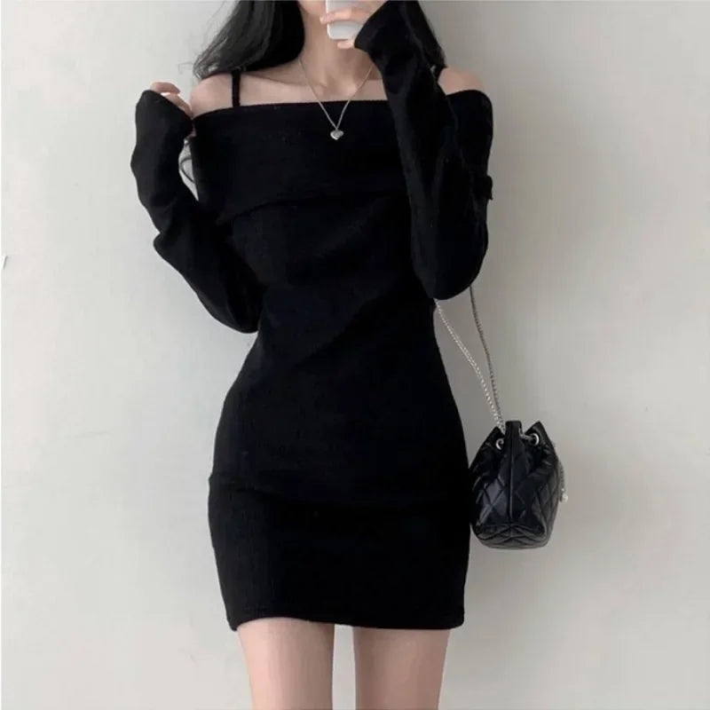 Off Shoulder Suspender Lapel Knit Dress Women Korean Sexy Slim Bottomed Mini Dresses Autumn Winter Solid Suspender Sweater Dress Comfortable Casual Mini Dress Off Shoulder Suspender Lapel Knit Dress Women Korean Sexy Slim Bottomed Mini Dresses Autumn Winter Solid Suspender Sweater Dress Comfortable Casual Mini Dress